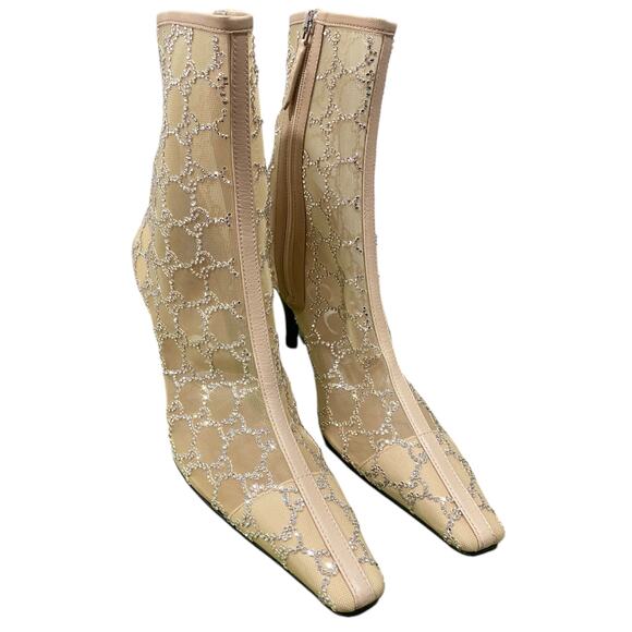 Gucci Demi Crystal GG Logo Mesh Pointed Toe Ankle Boot Tan Nude 85mm - Picture 2 of 9